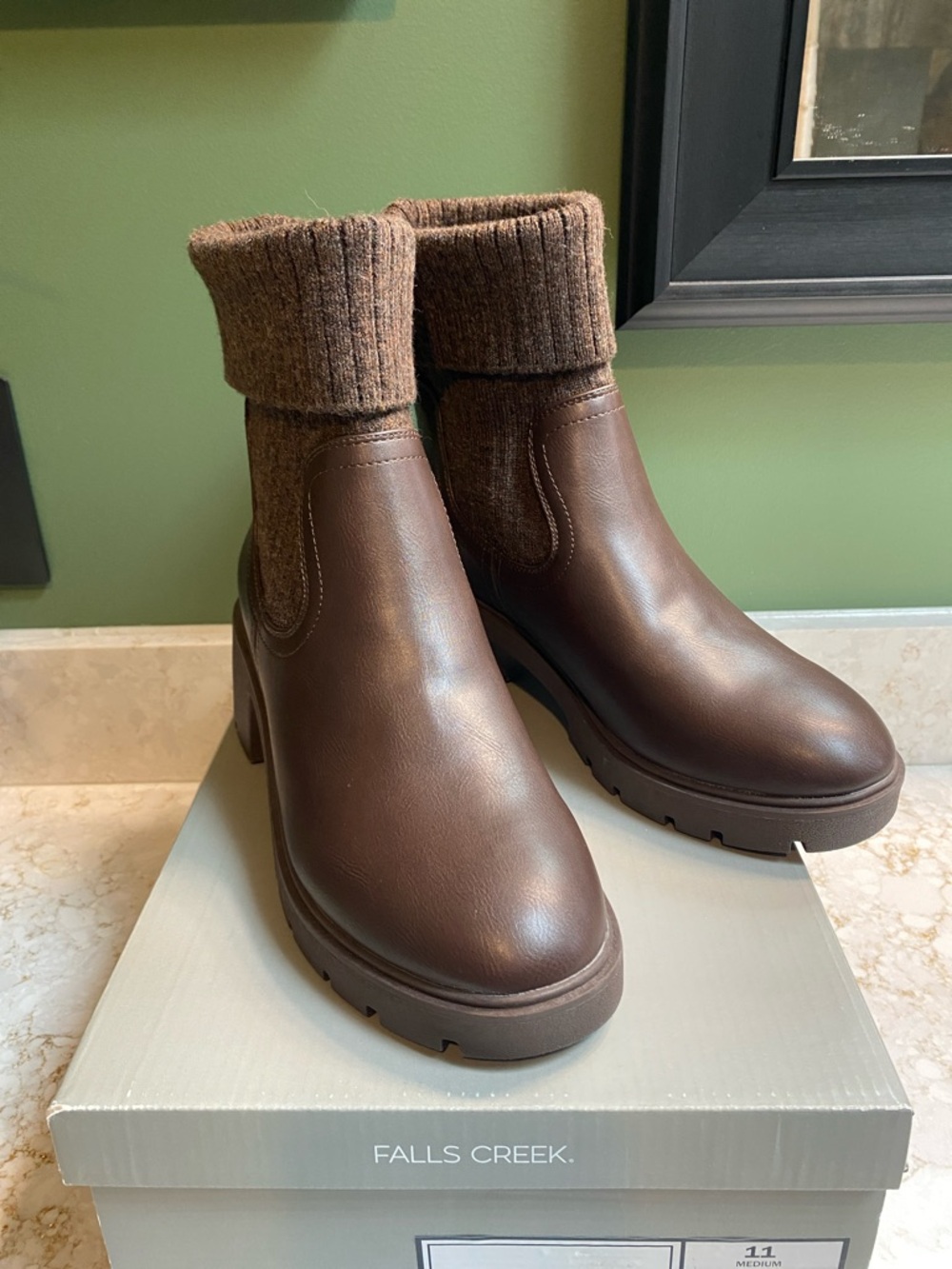 Falls Creek Brown Leather Ankle Booties with Knit Cuff